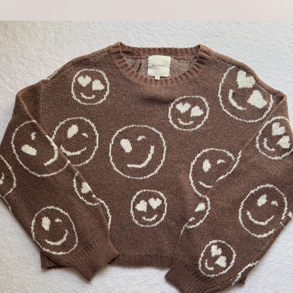 Brown Distressed Smiley Face Crop-Top Sweater - Picture 3 of 5